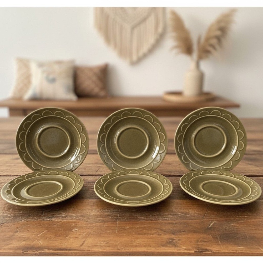 Vintage Homer Laughlin Sheffield Granada Olive Green Saucers Set of 6